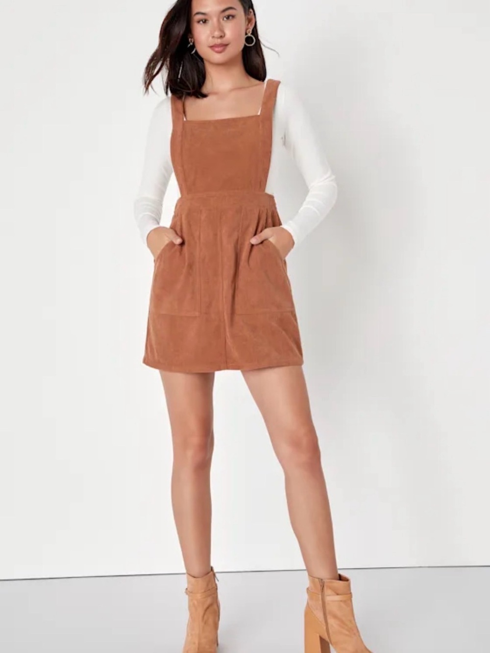 Lulus Embracing Autumn Brown Corduroy Pinafore Mini Dress